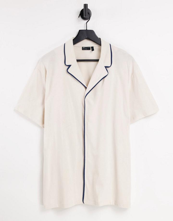Asos Design Relaxed Polo With Revere Collar In Stone With Contrast Piping-neutral