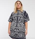 Asos Design Curve Embroidered Structured Mini Dress With High Neck-navy