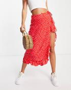 Miss Selfridge Ruffle Wrap Midi Skirt In Red Heart Print