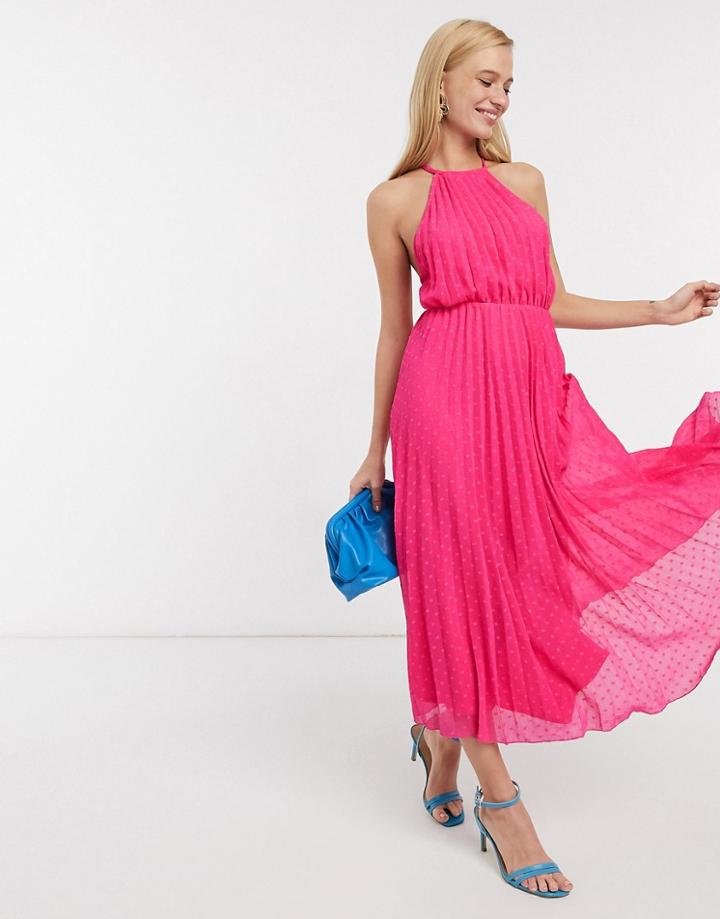 Asos Design Halter Pleated Cami Midi Dress In Dobby Spot-pink