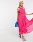 Asos Design Halter Pleated Cami Midi Dress In Dobby Spot-pink