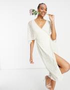 Maya Delicate Sequin Wrap Midi Pencil Dress In Ecru-white