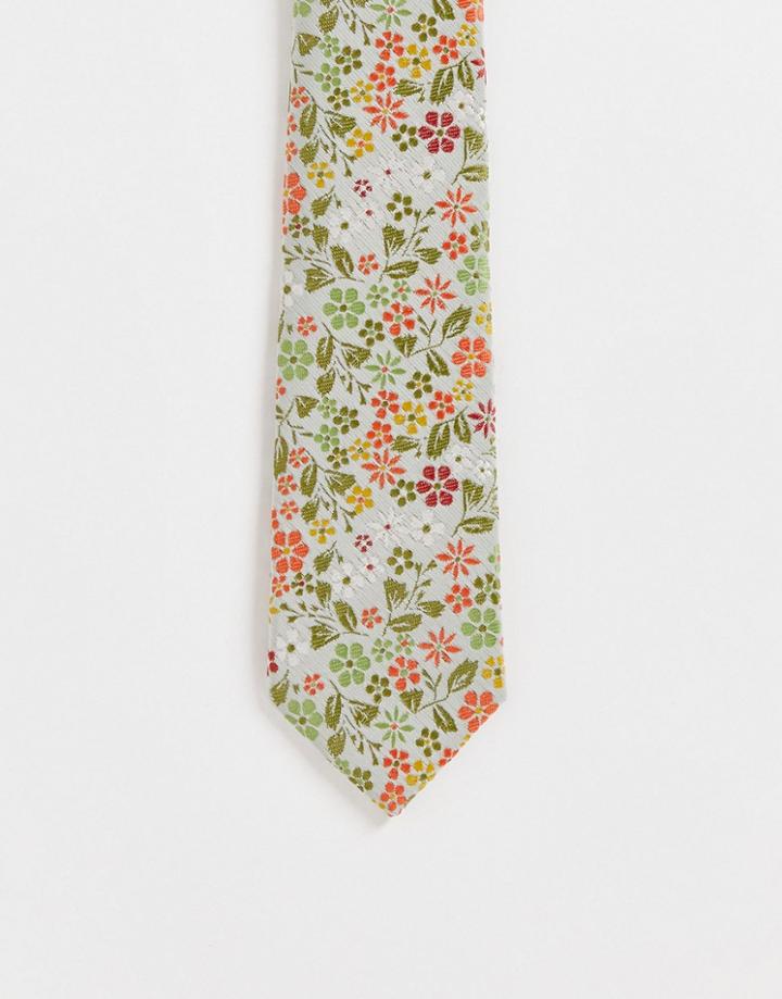Asos Design Slim Tie With Ditsy Floral Design In Sage Green - Lgreen