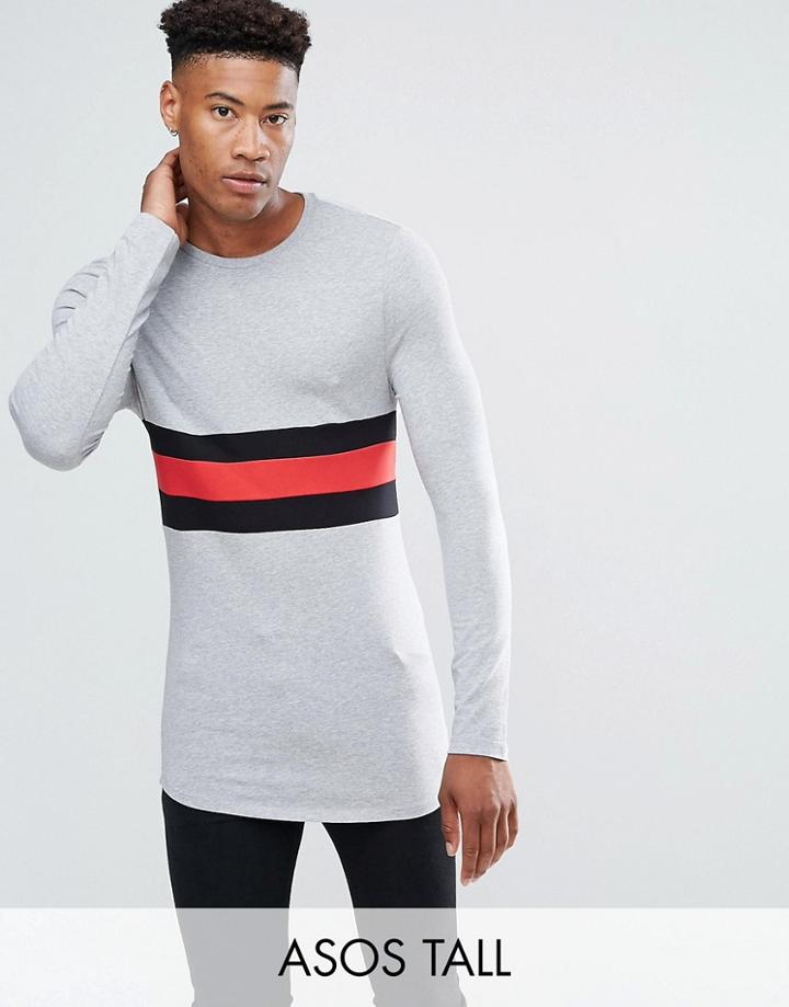 Asos Tall Longline Muscle Long Sleeve T-shirt With Curve Hem And Color Block Panels - Gray