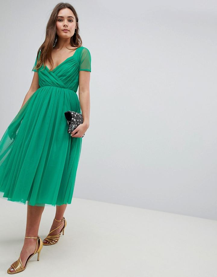 Asos Tulle Midi Dress With Sheer Sleeve - Green