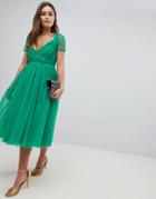 Asos Tulle Midi Dress With Sheer Sleeve - Green
