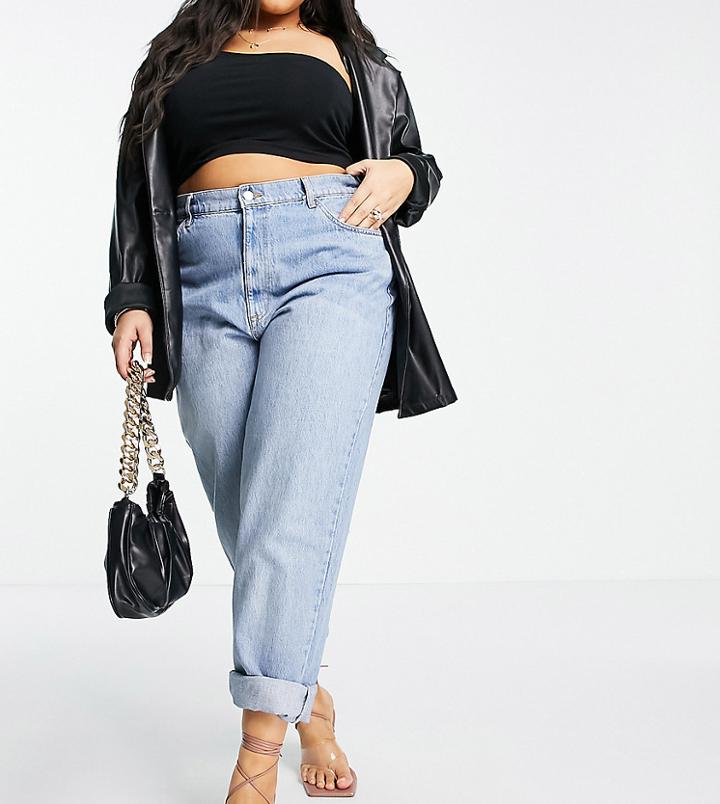 Asos Design Curve High Rise 'slouchy' Mom Jeans In Stonewash-blues