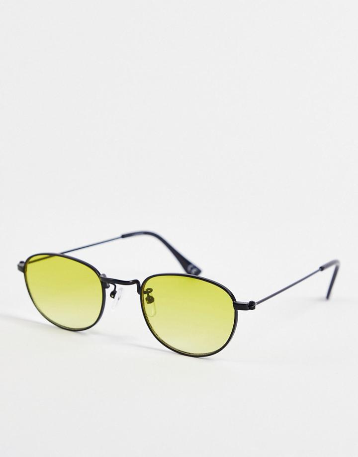 Asos Design Metal Oval Sunglasses In Black With Yellow Lens