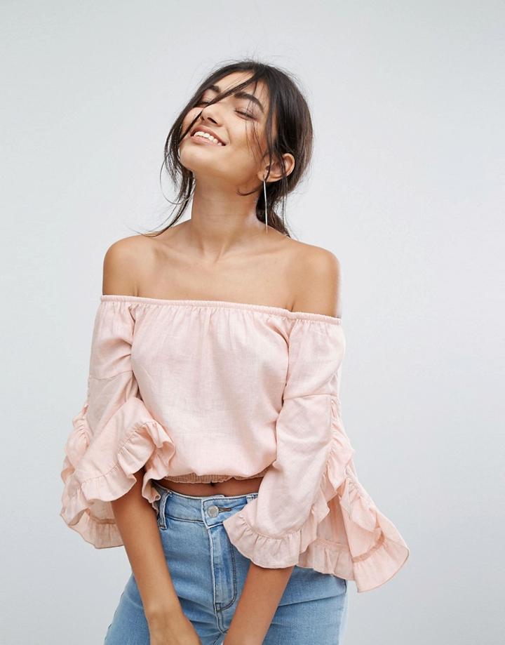 Bershka Off The Shoulder Frill Detail Crop Top - White
