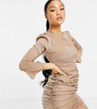 Missguided Petite Dress With Shirred Cuffs In Camel-brown