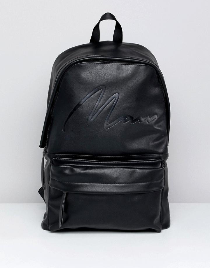 Boohooman Faux Leather Backpack With Man Print In Black - Black
