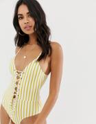 Prettylittlething Tie Up Swimsuit In Mustard Stripe - Multi