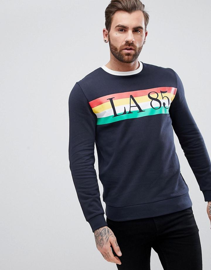 Asos Sweatshirt With La Chest Print & Contrast Ringer - Navy