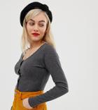 Glamorous Petite Button Front Top In Fine Rib-gray