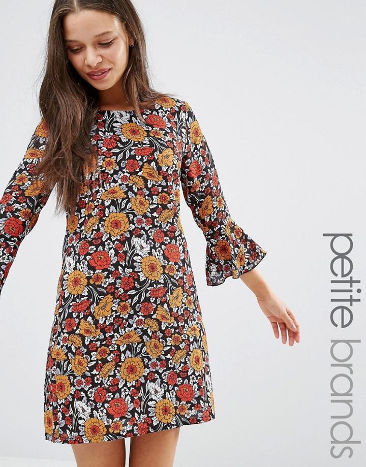 Yumi Petite Shift Dress With Frill Sleeves In Floral Print - Multi