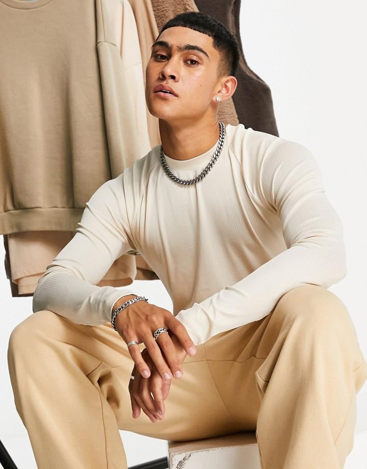 Asos Design Muscle Long Sleeve T-shirt In Slinky Rib With Raglan Sleeves In Beige-neutral