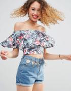 Asos Top With Off Shoulder Ruffle In Tropical Print - Multi