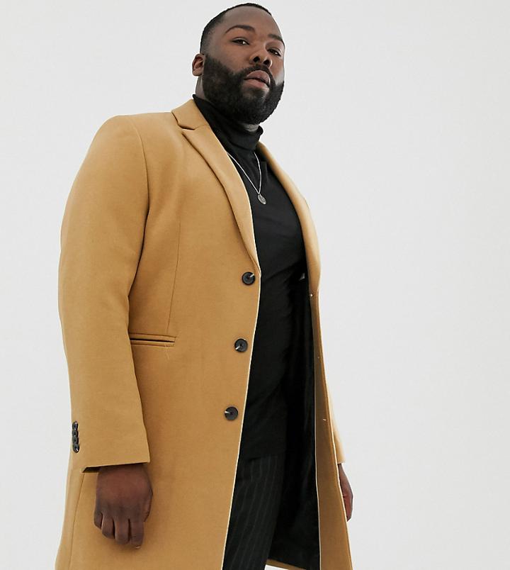 Asos Design Plus Wool Mix Overcoat In Camel-tan