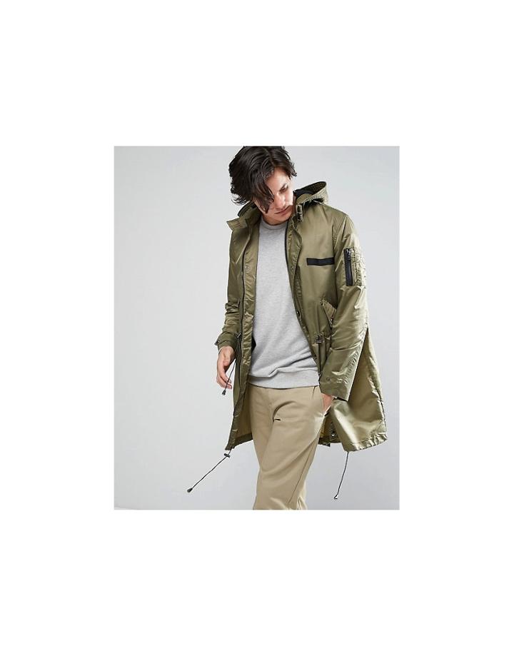 Asos Parka Jacket In Khaki - Green