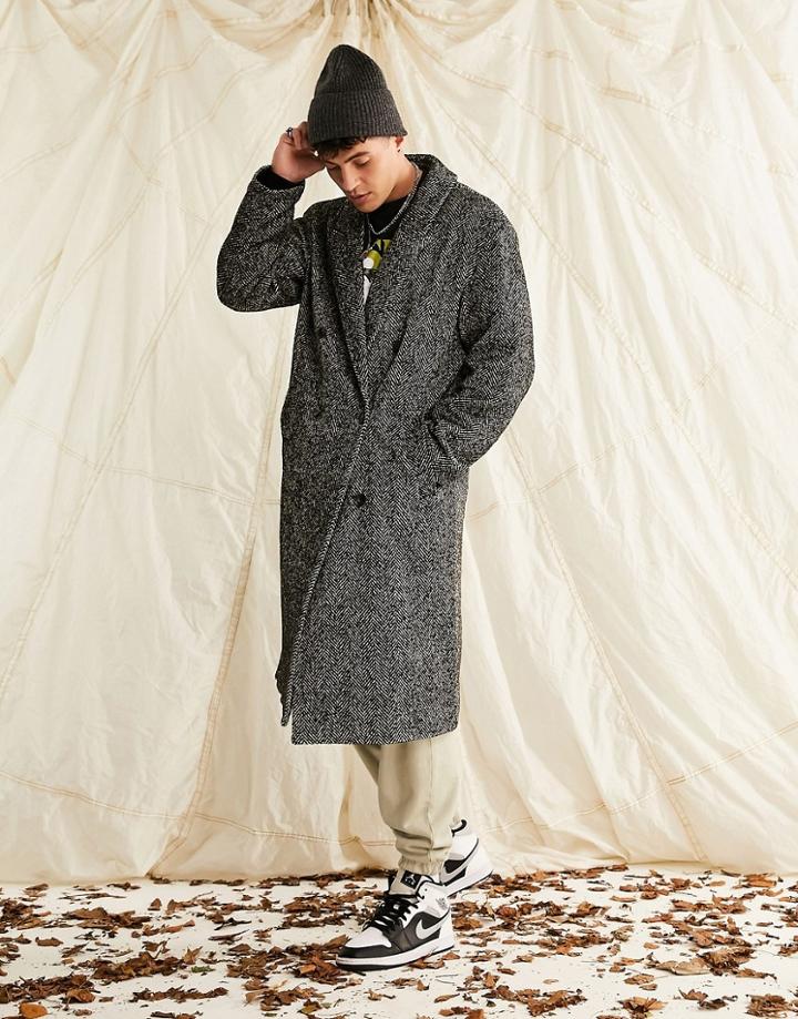 Asos Design Oversized Wool Mix Herringbone Overcoat In Gray