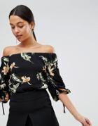 Ax Paris Ruched Sleeve Top In Palm Print - Black