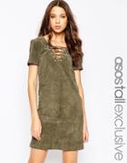 Asos Tall Suede Dress With Lace Up Detail - Khaki