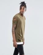 Asos Longline T-shirt With Rips And Slash Distress With Contrast Hem In Khaki - Battlefield