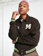 Asos Design Oversized Jersey Jacket In Brown With Varsity Print