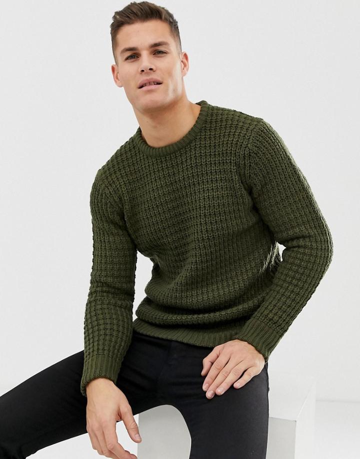 Brave Soul Premium Heavy Weight Chunky Waffle Knit Sweater - Green