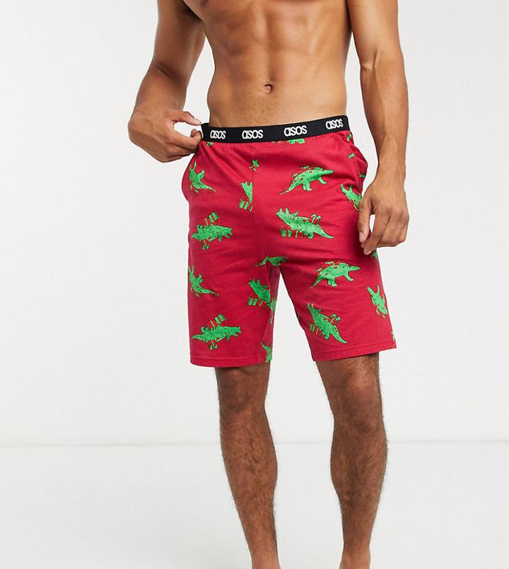 Asos Design Holidays Lounge Pyjama Short In Novelty Dinosaur Print-red