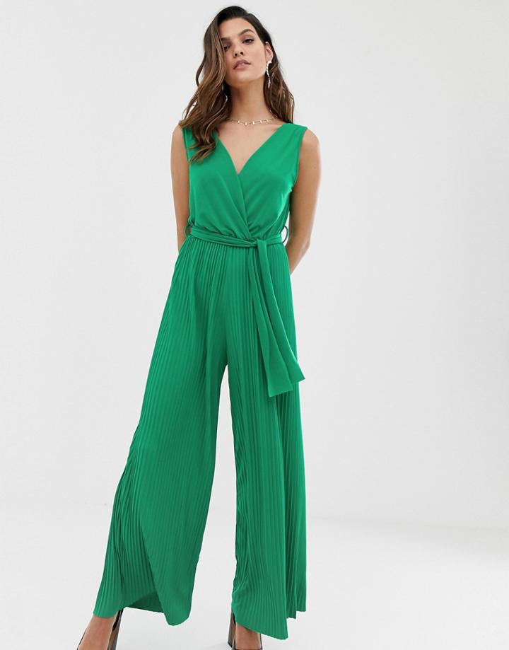 Liquorish Plisse Jumpsuit In Emerald Green