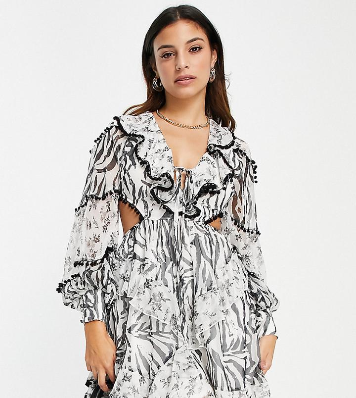Asos Design Petite Chiffon Mini Dress With Ruffle Detail And Pom-pom Trim In Mixed Print-multi