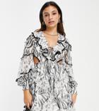 Asos Design Petite Chiffon Mini Dress With Ruffle Detail And Pom-pom Trim In Mixed Print-multi