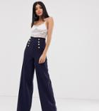 Flounce London Tall Wide Leg Pants With Gold Button Detail In Navy - Navy
