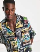 Asos Design Relaxed Camp Collar Long Shirt In Hawaiian Vintage Inspired Print-multi