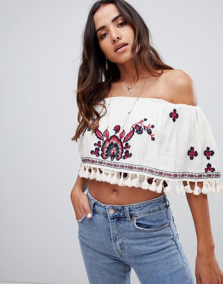 Raga Tessi Embroidered Off Shoulder Crop Top - White