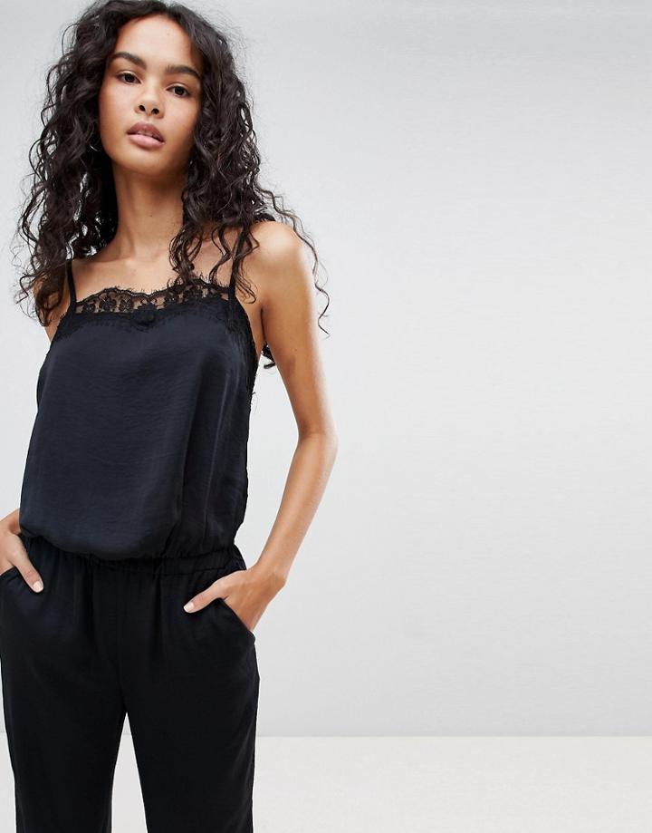 Only Ditto Deep Black Jumpsuit With Lace Trim - Black