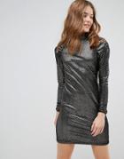 New Look Metallic Velvet Puff Sleeve Bodycon Dress - Black