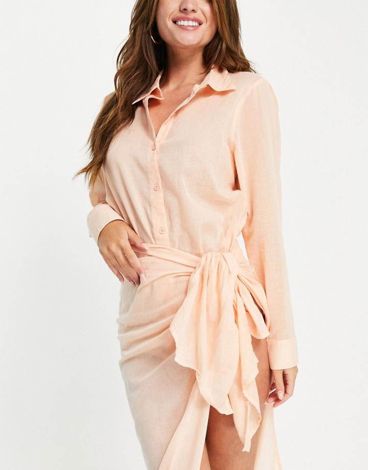 Asos Design Beach Shirt In Coral - Part Of A Set-pink