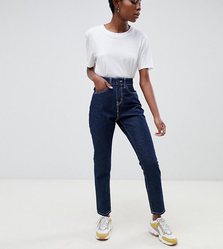Noisy May Petite Dark Wash Contrast Stitch Mom Jean-blue