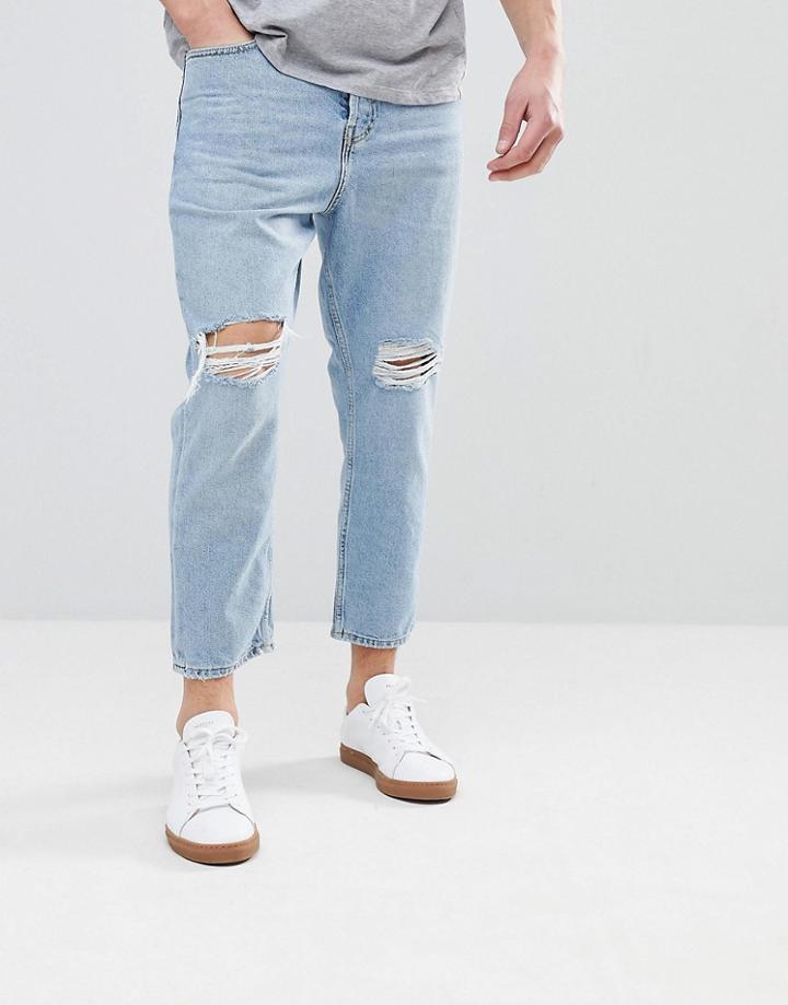 Mango Man Slim Jean With Knee Rips In Light Wash - Blue
