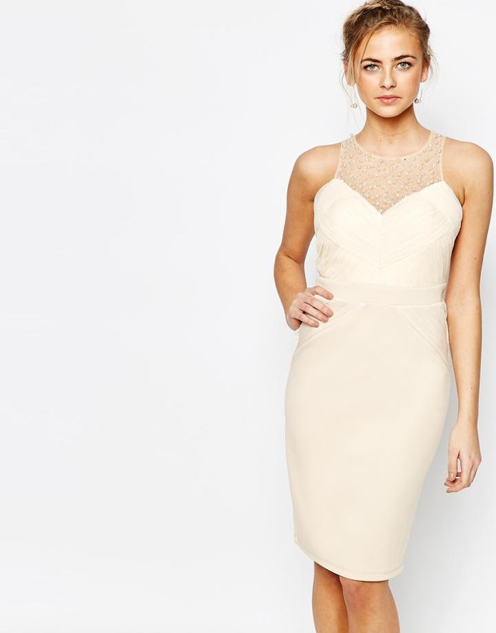 Little Mistress Embellished Pencil Dress With Pleated Mesh - Cream