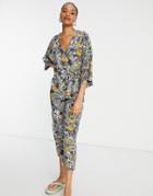 Native Youth Tie Waist Floral Jumpsuit-navy