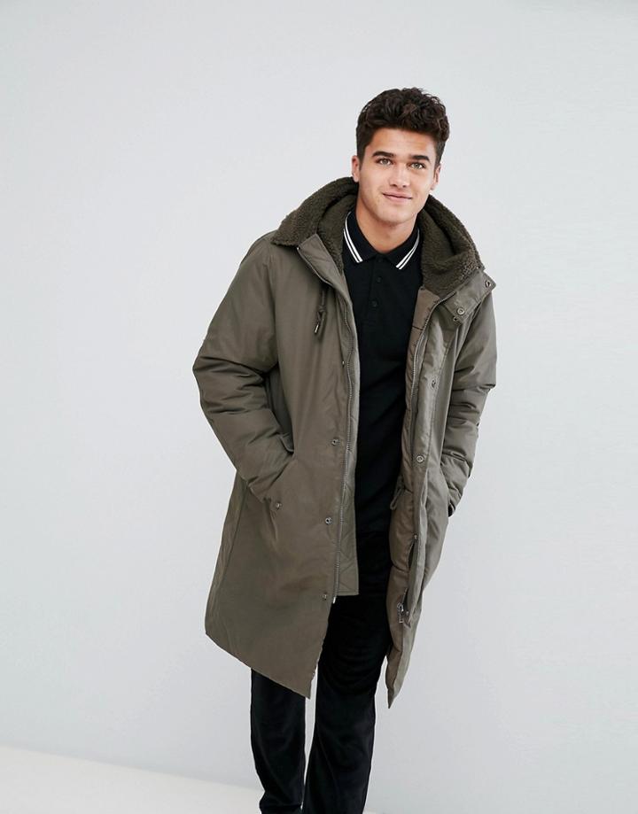 Stradivarius Padded Parka With Fleece Lined Hood In Khaki - Green