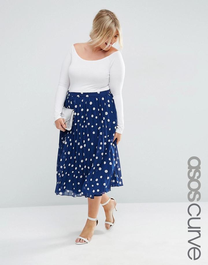 Asos Curve Pleated Midi Skirt In Polka Dot