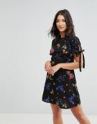 Influence Tie Sleeve Floral Dress - Black