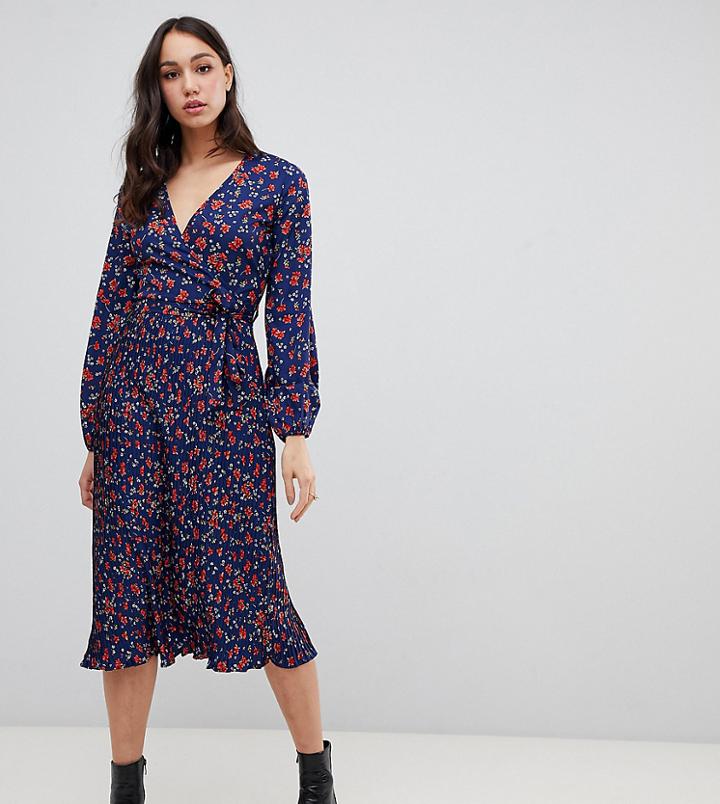 Influence Tall Pleated Skirt Belted Midi Dress In Floral Print - Navy