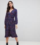 Influence Tall Pleated Skirt Belted Midi Dress In Floral Print - Navy