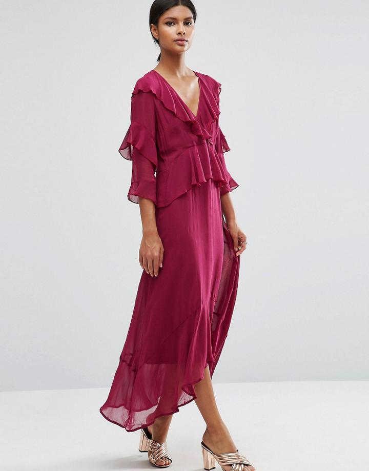 Asos Ruffle Front Plunge Neck Maxi Dress - Pink
