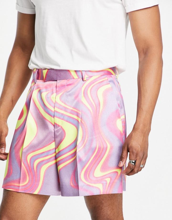 Asos Design Smart Cropped Bermuda Shorts In Blue And Yellow Swirt Print - Part Of A Set-neutral